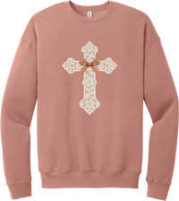 Vintage Lace Cross crewneck sweatshirt in Mauve, featuring a cream floral lace cross tied with an orange gingham bow