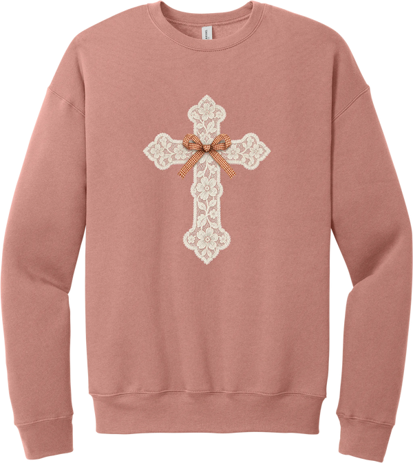 Vintage Lace Cross crewneck sweatshirt in Mauve, featuring a cream floral lace cross tied with an orange gingham bow