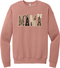 Mama Leopard Applique crewneck sweatshirt in Mauve, featuring MAMA spelled out in leopard, cream, and chocolate patches with a scalloped stitched applique look and two bows