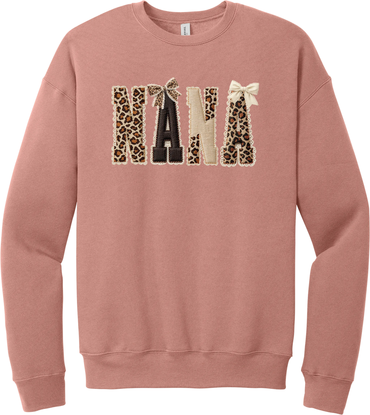 Grandma Leopard Applique crewneck sweatshirt in Mauve, featuring NANA spelled out in leopard, cream, and chocolate patches with a scalloped stitched applique look and two bows