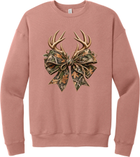 Coquette Antlers crewneck sweatshirt in Mauve, featuring deer antlers tied with an oversized camo bow, twine, and autumn leaves