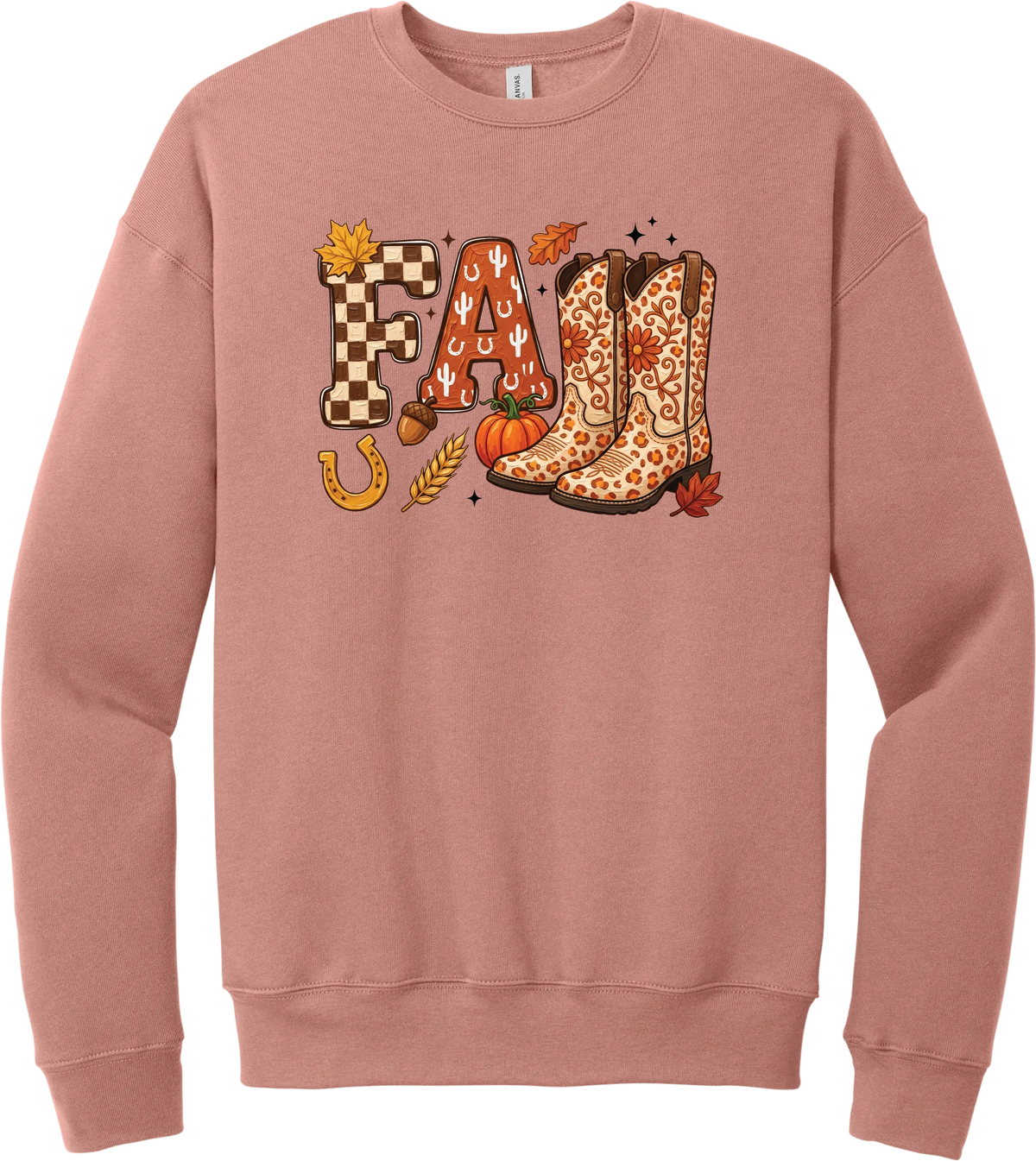 Boot Weather crewneck sweatshirt in Mauve, featuring patchwork FALL letters with cowgirl boots, a pumpkin, and a horseshoe