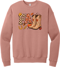 Boot Weather crewneck sweatshirt in Mauve, featuring patchwork FALL letters with cowgirl boots, a pumpkin, and a horseshoe