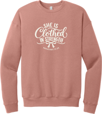 Clothed in Strength crewneck sweatshirt in Mauve, featuring She Is Clothed in Strength in hand lettered script with a small bow and Proverbs 31:25