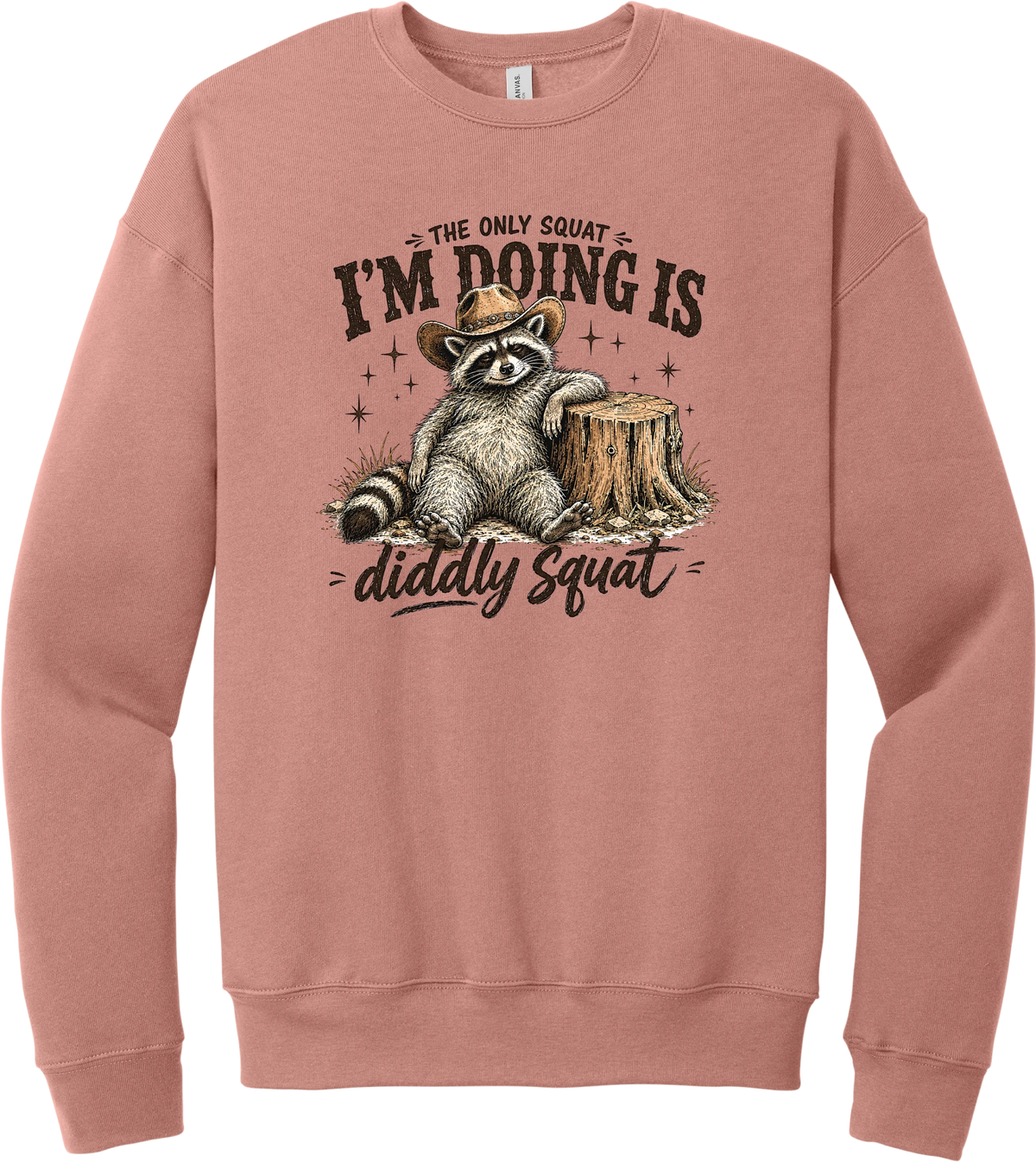 Diddly Squat crewneck sweatshirt in Mauve, featuring a cowboy raccoon lounging against a tree stump with The only squat I'm doing is diddly squat