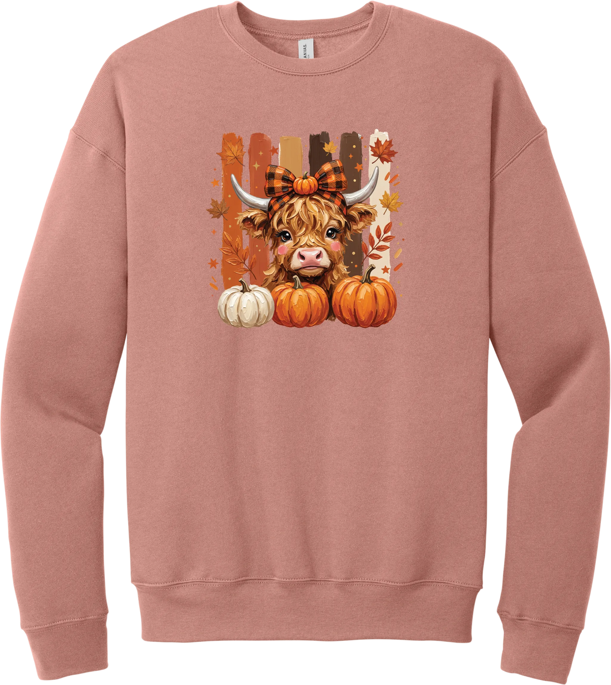 Highland Cozy crewneck sweatshirt in Mauve, featuring a fluffy highland cow calf in a buffalo check bow with pumpkins and painted autumn stripes