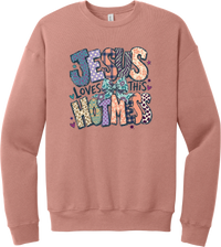 Jesus Loves This Hot Mess crewneck sweatshirt in Mauve, featuring patchwork Jesus Loves This Hot Mess lettering in leopard, plaid, polka dot, and zebra prints with a bow and hearts