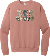 Jesus Patchwork crewneck sweatshirt in Mauve, featuring JESUS in patchwork letters of floral, leopard, denim, and cow print with gingham bows and a heart