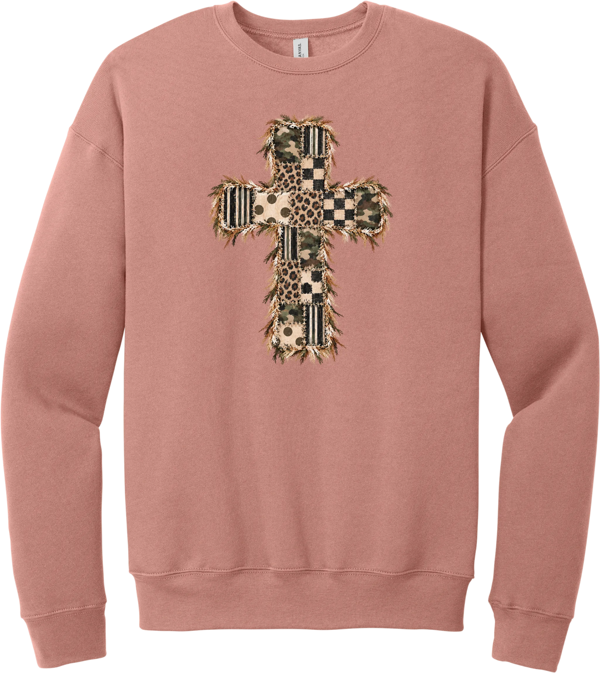 Quilted Patchwork Cross crewneck sweatshirt in Mauve, featuring a patchwork cross in camo, leopard, checkerboard, polka dot, and stripes with a fringed edge