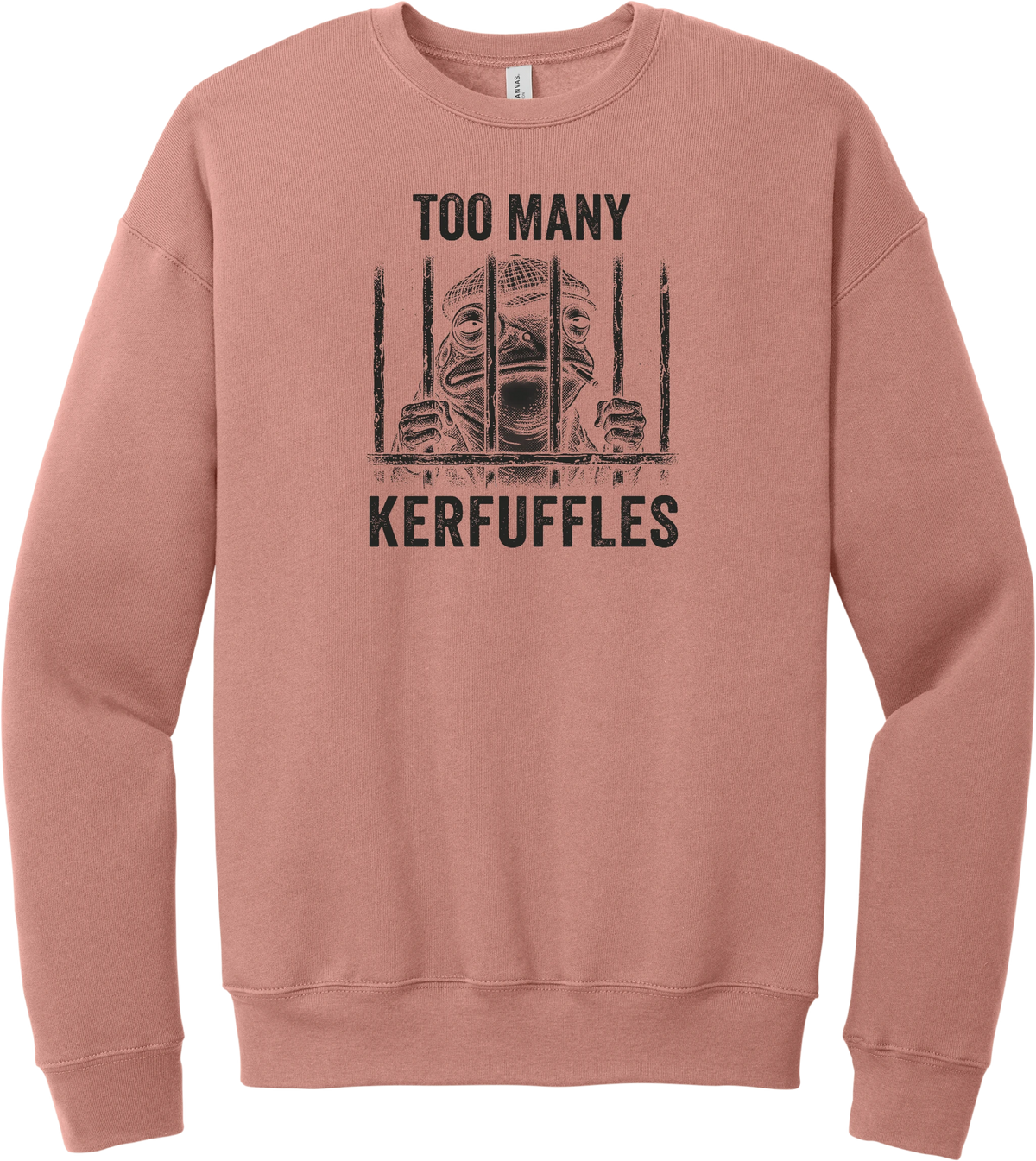 Too Many Kerfuffles crewneck sweatshirt in Mauve, featuring a frog in a newsboy cap behind jail bars with Too many kerfuffles