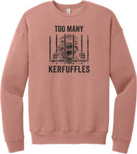 Too Many Kerfuffles crewneck sweatshirt in Mauve, featuring a frog in a newsboy cap behind jail bars with Too many kerfuffles