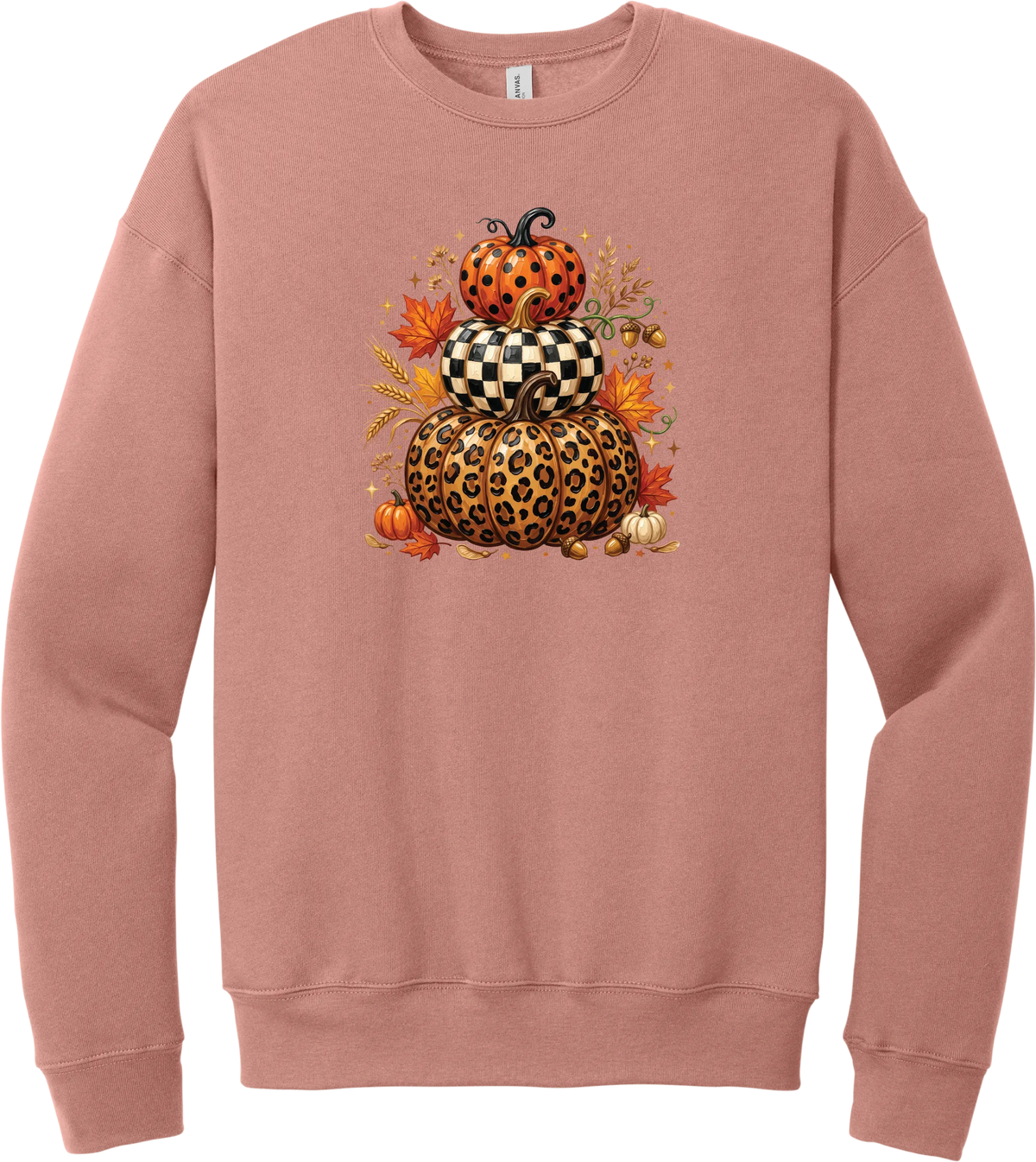 All Stacked Up crewneck sweatshirt in Mauve, featuring three stacked pumpkins in polka dot, checkerboard, and leopard with autumn leaves