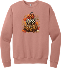 All Stacked Up crewneck sweatshirt in Mauve, featuring three stacked pumpkins in polka dot, checkerboard, and leopard with autumn leaves