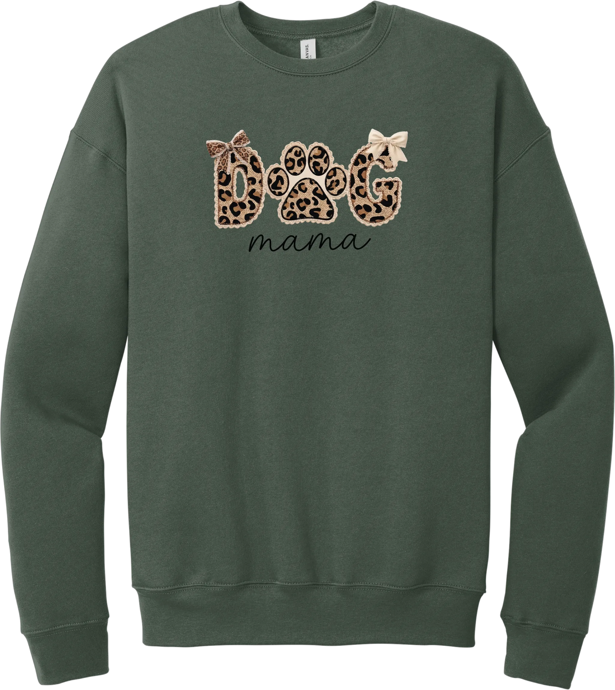 Autumn Dog Mama crewneck sweatshirt in Military Green, featuring leopard print DOG letters with a paw print, cream bows, and mama script