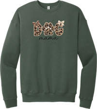 Autumn Dog Mama crewneck sweatshirt in Military Green, featuring leopard print DOG letters with a paw print, cream bows, and mama script