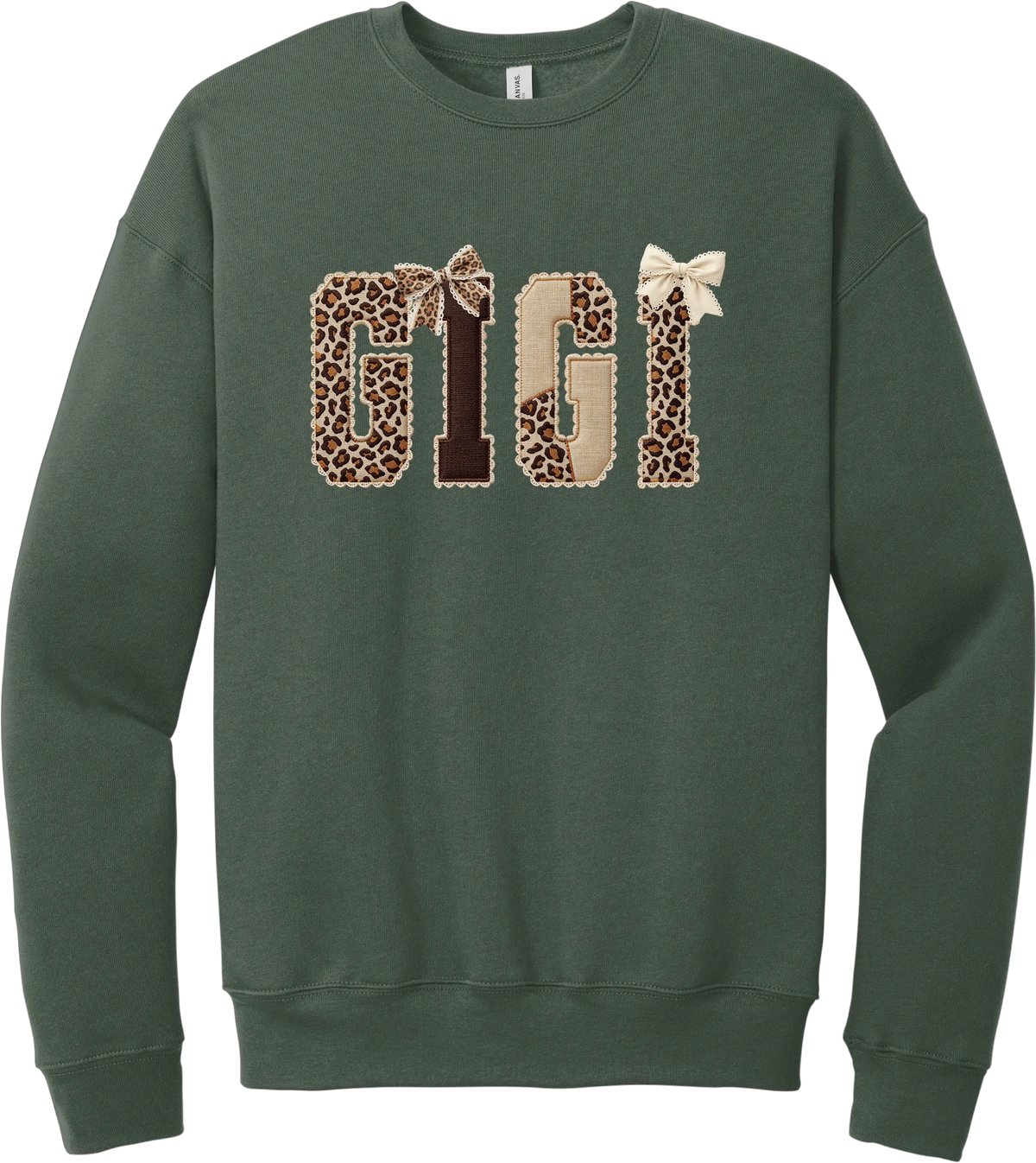 Grandma Leopard Applique crewneck sweatshirt in Military Green, featuring GIGI spelled out in leopard, cream, and chocolate patches with a scalloped stitched applique look and two bows