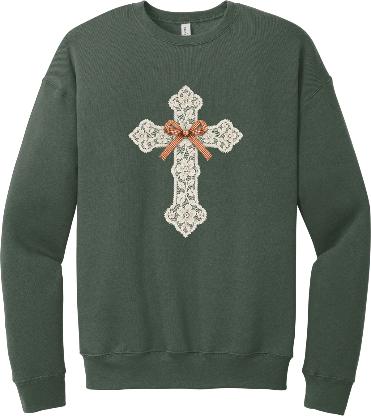 Vintage Lace Cross crewneck sweatshirt in Military Green, featuring a cream floral lace cross tied with an orange gingham bow