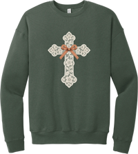 Vintage Lace Cross crewneck sweatshirt in Military Green, featuring a cream floral lace cross tied with an orange gingham bow