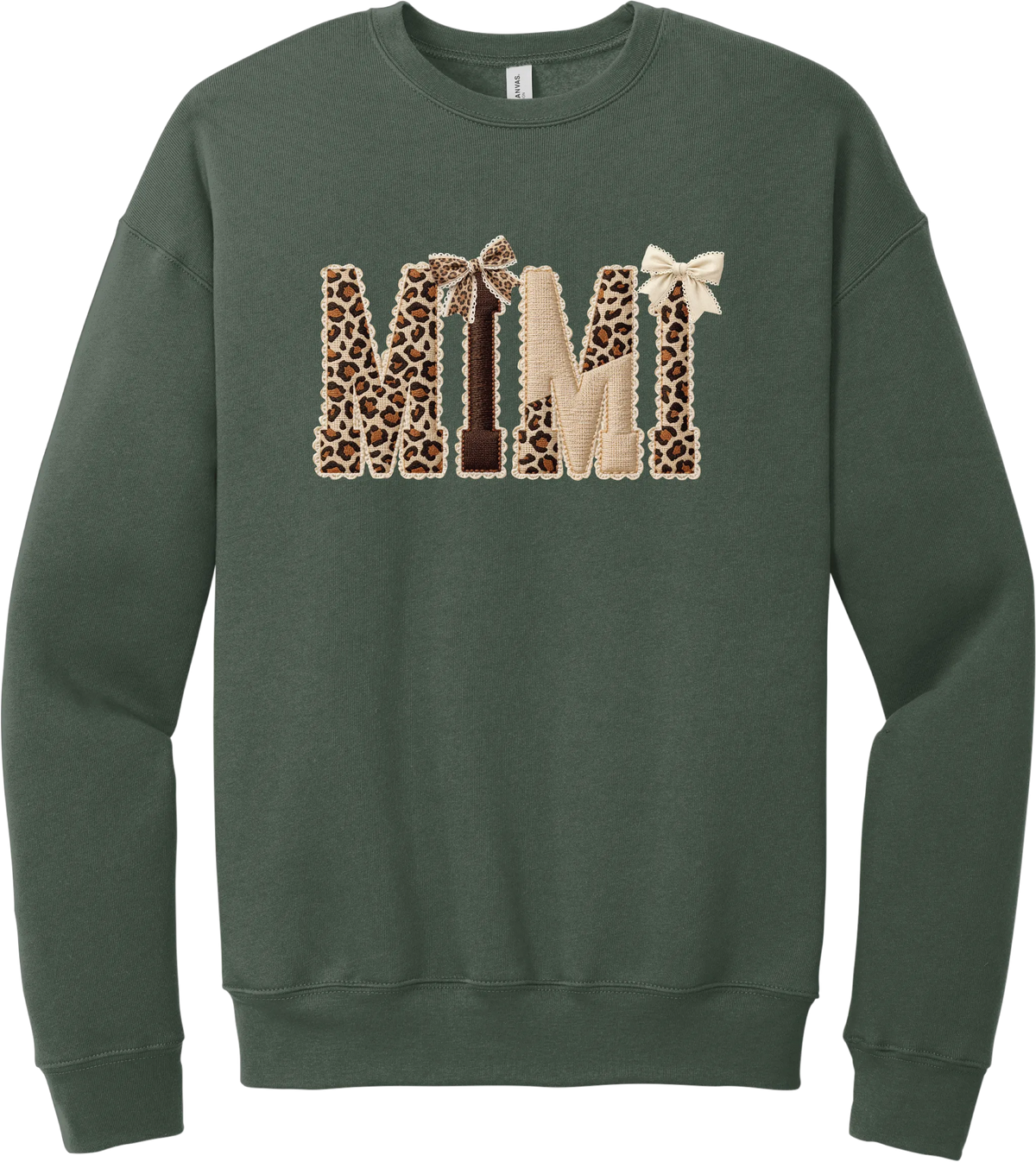 Grandma Leopard Applique crewneck sweatshirt in Military Green, featuring MIMI spelled out in leopard, cream, and chocolate patches with a scalloped stitched applique look and two bows