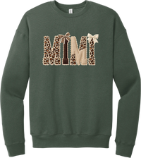 Grandma Leopard Applique crewneck sweatshirt in Military Green, featuring MIMI spelled out in leopard, cream, and chocolate patches with a scalloped stitched applique look and two bows