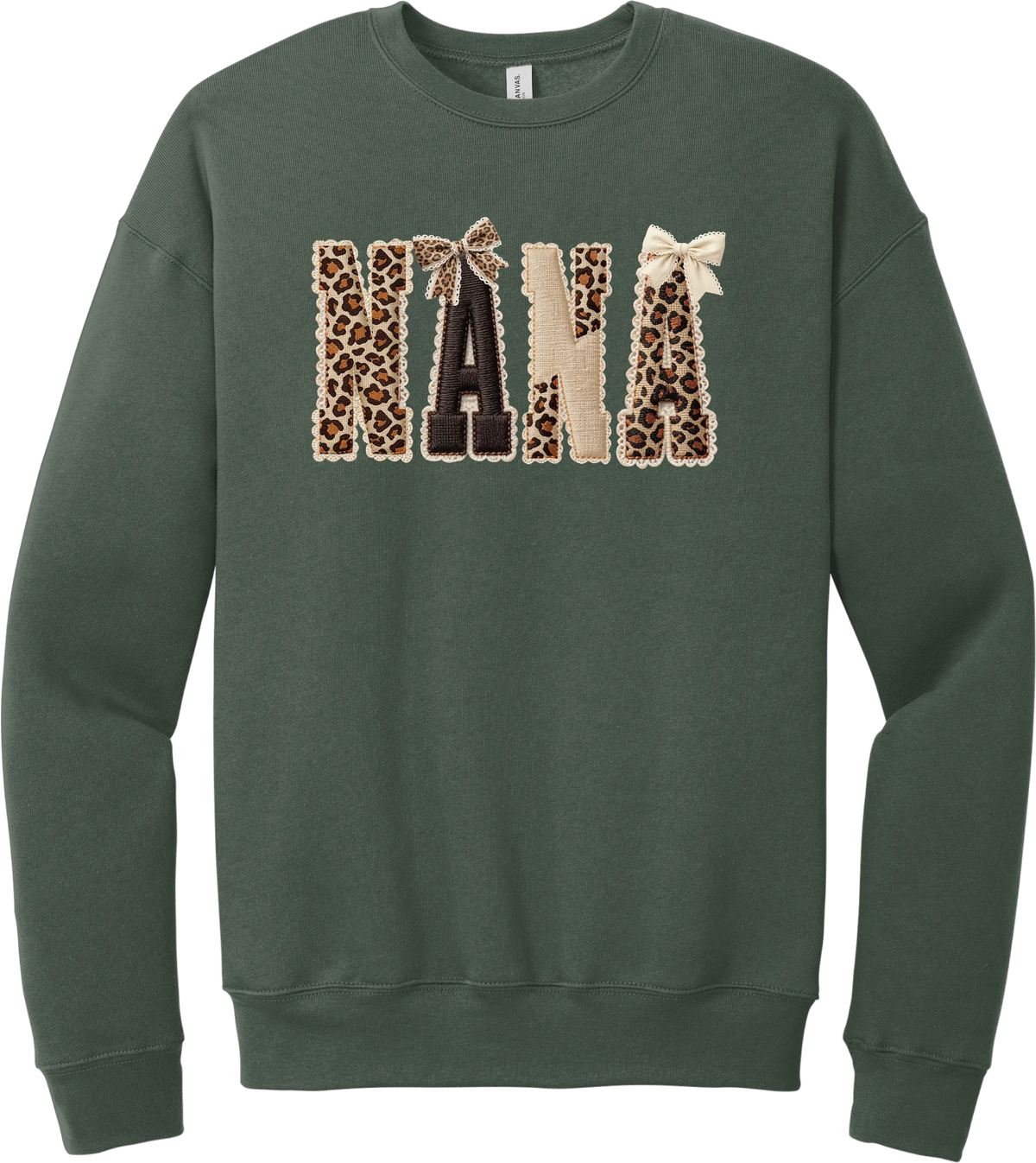 Grandma Leopard Applique crewneck sweatshirt in Military Green, featuring NANA spelled out in leopard, cream, and chocolate patches with a scalloped stitched applique look and two bows