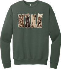 Grandma Leopard Applique crewneck sweatshirt in Military Green, featuring NANA spelled out in leopard, cream, and chocolate patches with a scalloped stitched applique look and two bows