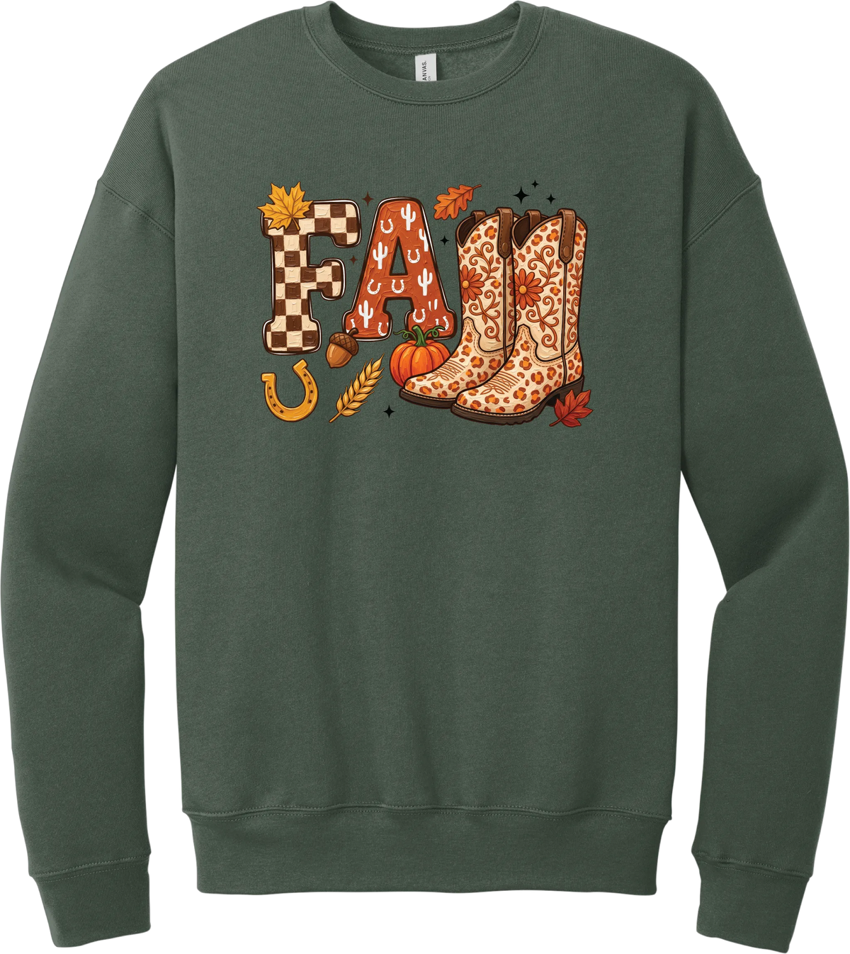 Boot Weather crewneck sweatshirt in Military Green, featuring patchwork FALL letters with cowgirl boots, a pumpkin, and a horseshoe