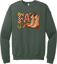 Boot Weather crewneck sweatshirt in Military Green, featuring patchwork FALL letters with cowgirl boots, a pumpkin, and a horseshoe