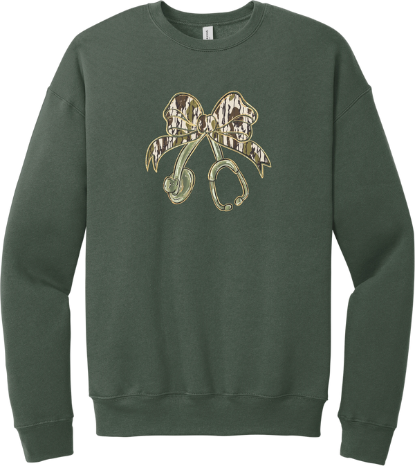 Camo Bow Stethoscope crewneck sweatshirt in Military Green, featuring a glittery camo print coquette bow tied to a sage green stethoscope