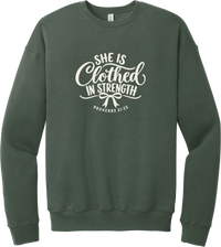 Clothed in Strength crewneck sweatshirt in Military Green, featuring She Is Clothed in Strength in hand lettered script with a small bow and Proverbs 31:25