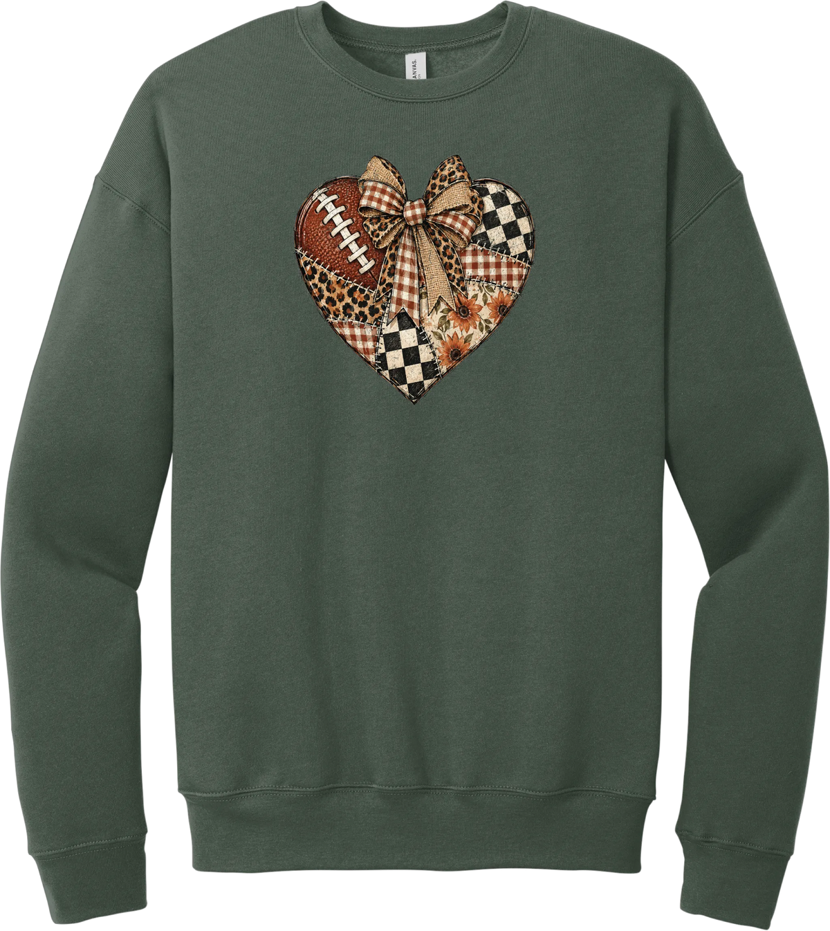 For the Love of Football crewneck sweatshirt in Military Green, featuring a patchwork heart in leopard, plaid, and checkerboard with a football and a cream bow