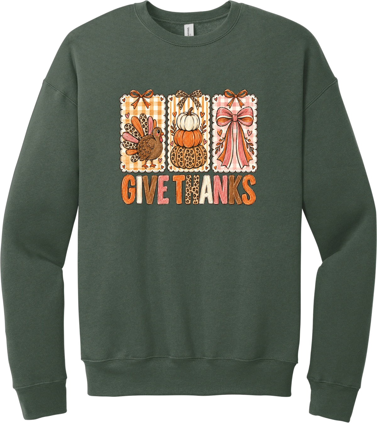 Give Thanks Coquette crewneck sweatshirt in Military Green, featuring three bow-topped stamp panels with a turkey, stacked pumpkins, and a pink bow above Give Thanks in patchwork letters