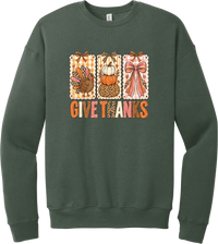 Give Thanks Coquette crewneck sweatshirt in Military Green, featuring three bow-topped stamp panels with a turkey, stacked pumpkins, and a pink bow above Give Thanks in patchwork letters