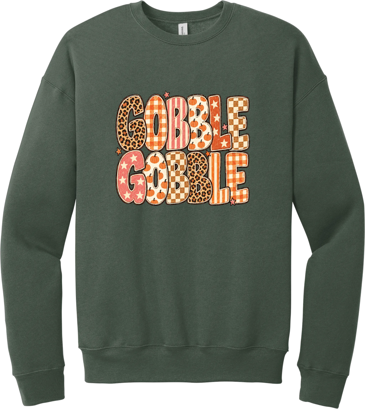Gobble Gobble Patchwork crewneck sweatshirt in Military Green, featuring Gobble Gobble in bubble letters filled with leopard, gingham, checkerboard, stars, and pumpkin prints