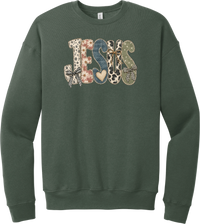 Jesus Patchwork crewneck sweatshirt in Military Green, featuring JESUS in patchwork letters of floral, leopard, denim, and cow print with gingham bows and a heart