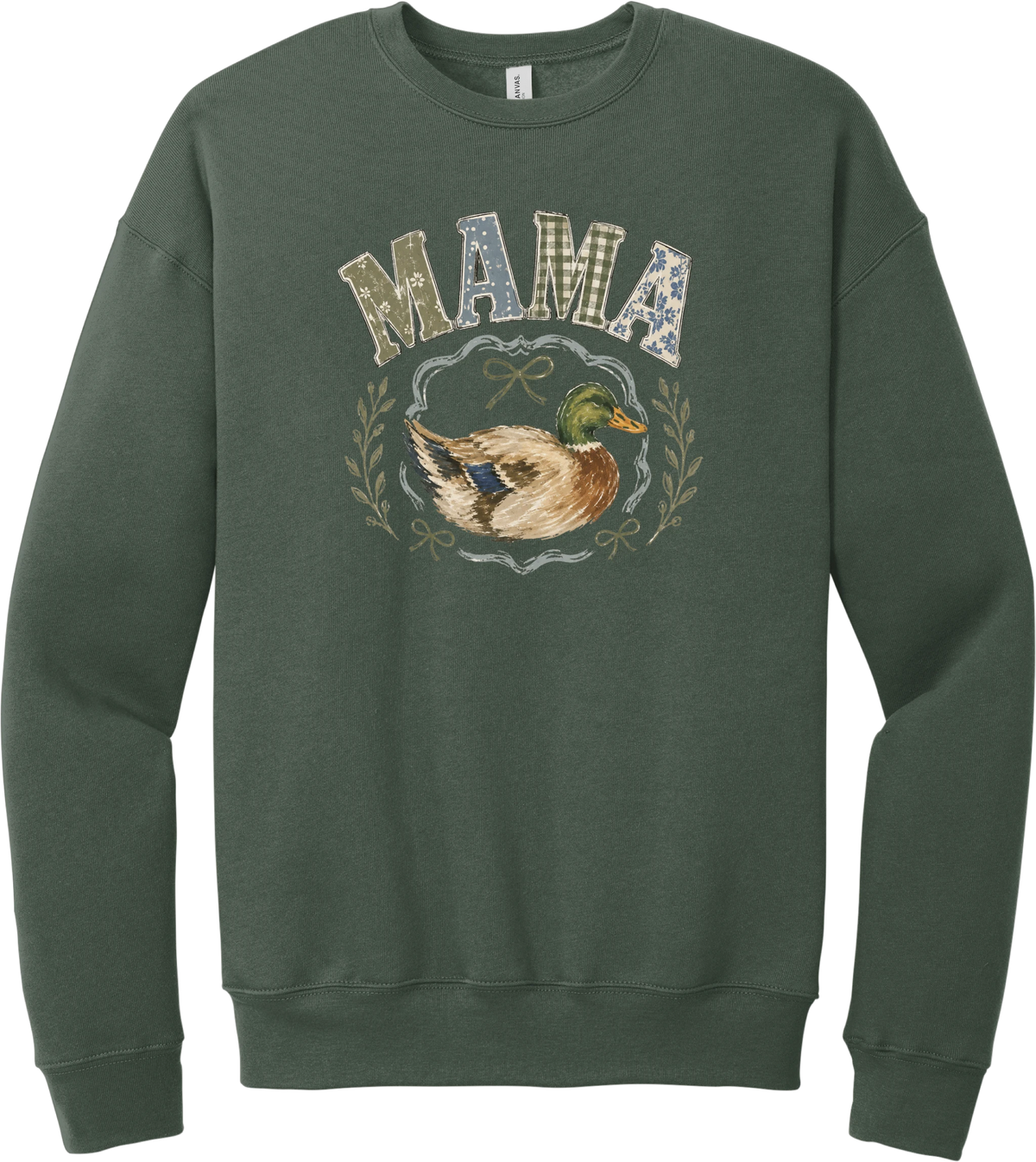 Mallard Mama crewneck sweatshirt in Military Green, featuring MAMA in gingham and floral patchwork letters above a hand-painted mallard framed by ribbons and laurel sprigs