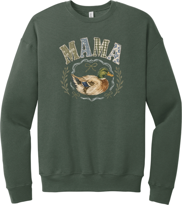 Mallard Mama crewneck sweatshirt in Military Green, featuring MAMA in gingham and floral patchwork letters above a hand-painted mallard framed by ribbons and laurel sprigs