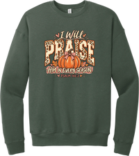 Praise Him Pumpkin crewneck sweatshirt in Military Green, featuring I Will Praise Him in Every Season in leopard varsity letters with a pumpkin, a pink bow, and Psalm 146:2