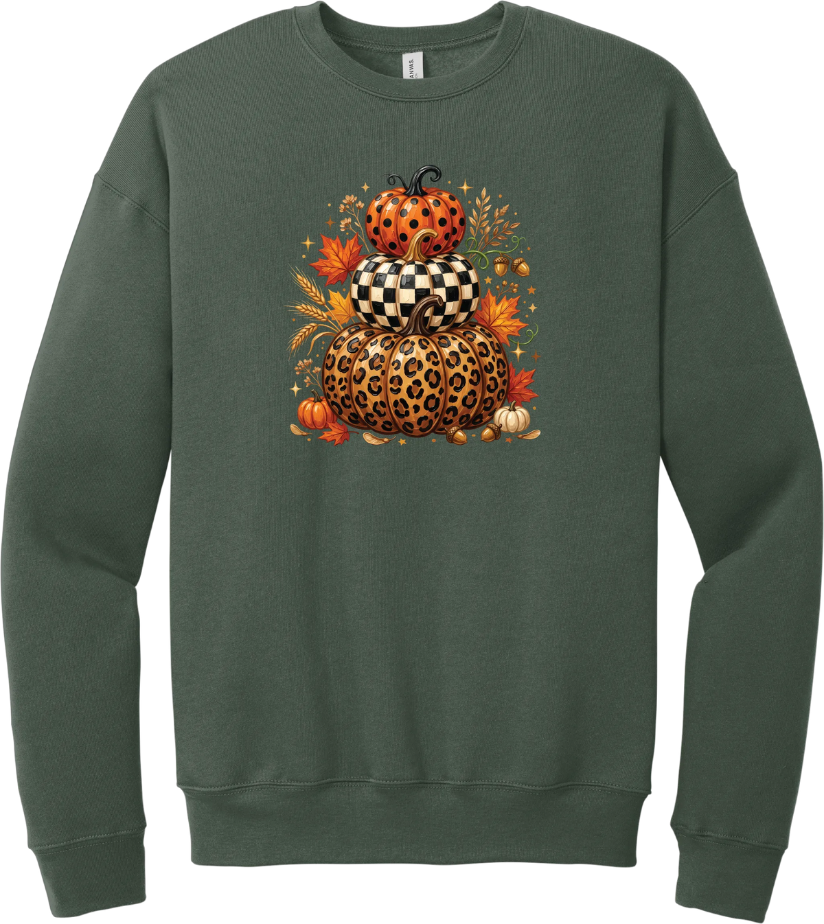 All Stacked Up crewneck sweatshirt in Military Green, featuring three stacked pumpkins in polka dot, checkerboard, and leopard with autumn leaves