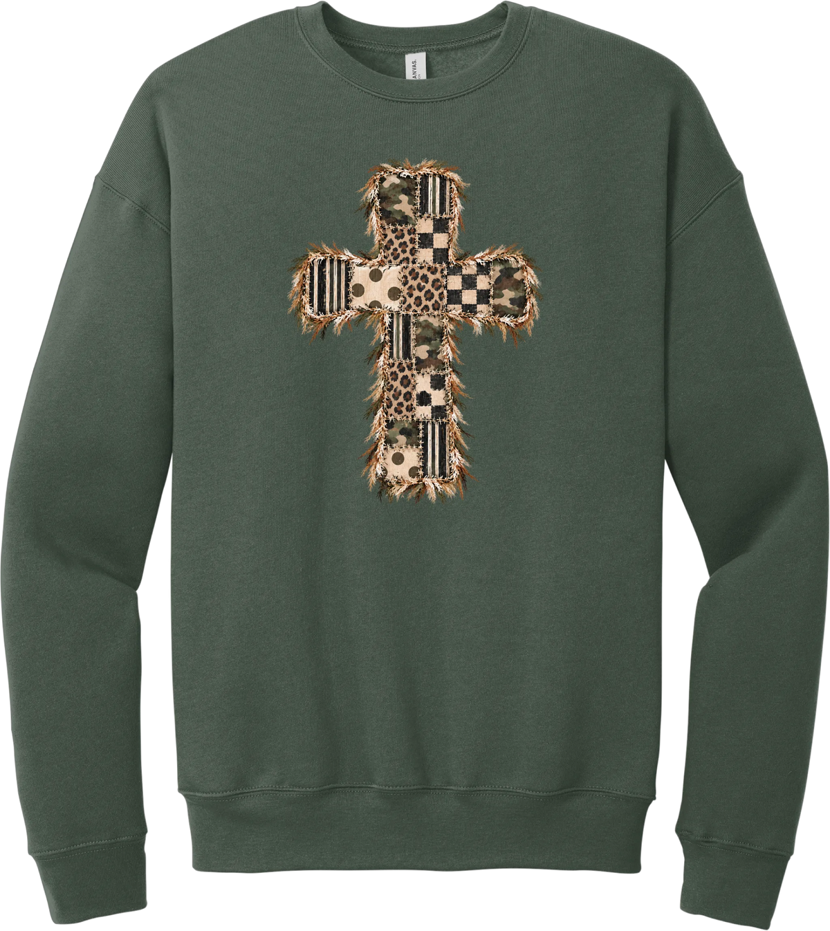 Quilted Patchwork Cross crewneck sweatshirt in Military Green, featuring a patchwork cross in camo, leopard, checkerboard, polka dot, and stripes with a fringed edge