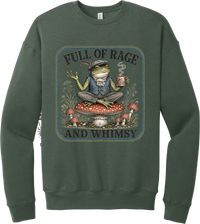 Full of Rage and Whimsy crewneck sweatshirt in Military Green, featuring a dapper frog with a teacup sitting on a mushroom among wildflowers with Full of rage and whimsy