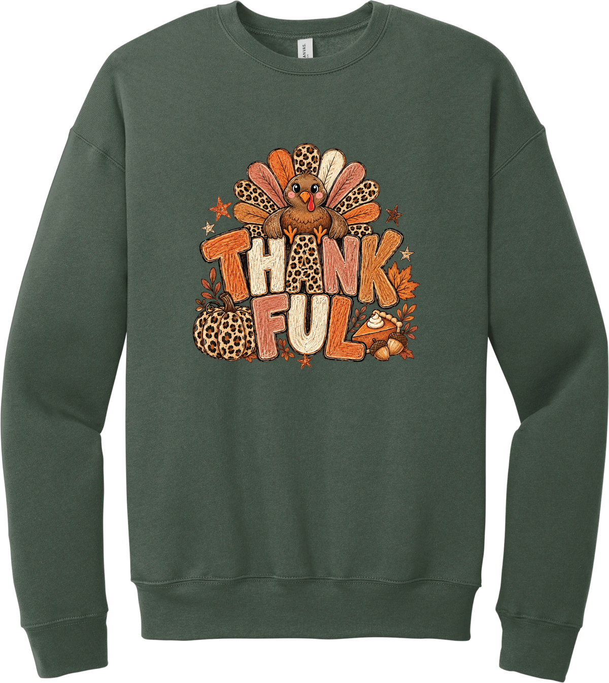 Thankful Leopard Turkey crewneck sweatshirt in Military Green, featuring a leopard and plaid feathered turkey over the word Thankful, with a leopard pumpkin, pie, and autumn leaves