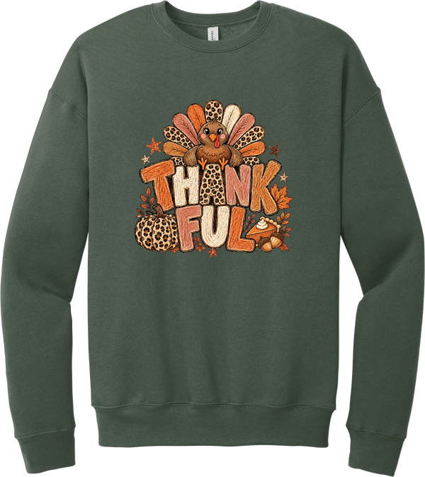 Thankful Leopard Turkey crewneck sweatshirt in Military Green, featuring a leopard and plaid feathered turkey over the word Thankful, with a leopard pumpkin, pie, and autumn leaves