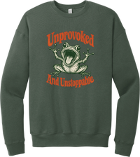 Unprovoked and Unstoppable crewneck sweatshirt in Military Green, featuring a screaming frog in retro orange lettering reading Unprovoked and Unstoppable