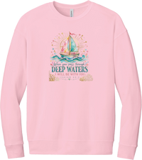 Deep Waters crewneck sweatshirt in Pink, featuring a watercolor sailboat on sparkling waves with When You Pass Through Deep Waters I Will Be With You lettering and Isaiah 43:2