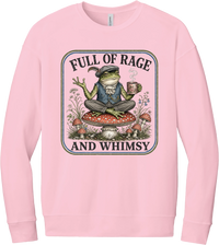 Full of Rage and Whimsy crewneck sweatshirt in Pink, featuring a dapper frog with a teacup sitting on a mushroom among wildflowers with Full of rage and whimsy