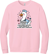Remain Calm Nurse crewneck sweatshirt in Pink, featuring a nurse goose in a cap with sparkles and flowers above Remain Calm lettering