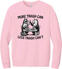 More Trash Can Less Trash Can't crewneck sweatshirt in Pink, featuring a raccoon and a possum high-fiving over pizza with More trash can less trash can't