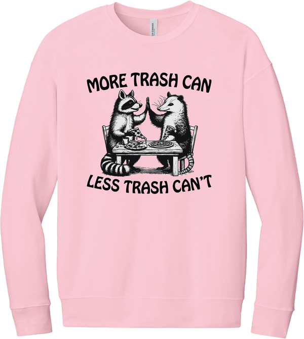 More Trash Can Less Trash Can't crewneck sweatshirt in Pink, featuring a raccoon and a possum high-fiving over pizza with More trash can less trash can't