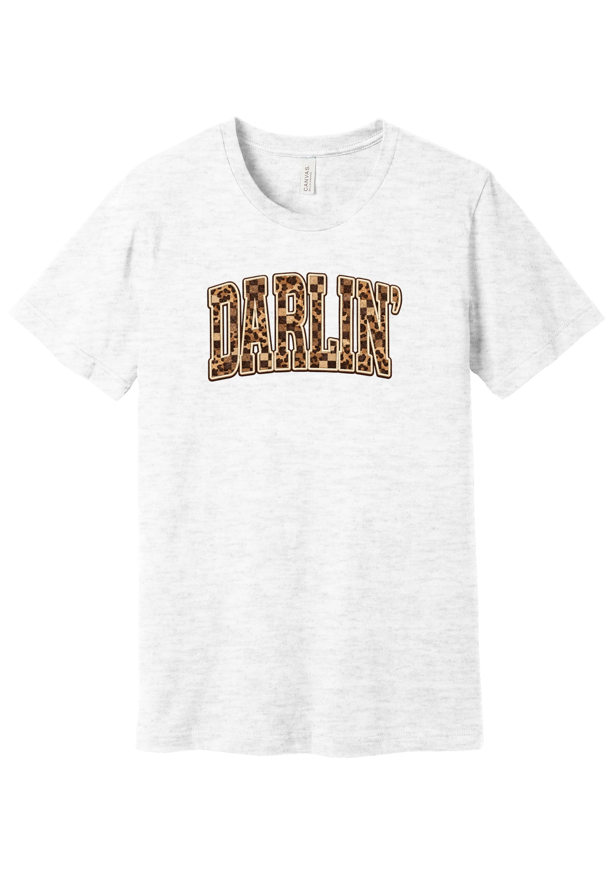 Darlin' tee, Leopard Checker design, in Ash, featuring arched varsity DARLIN' letters filled with leopard and checker print